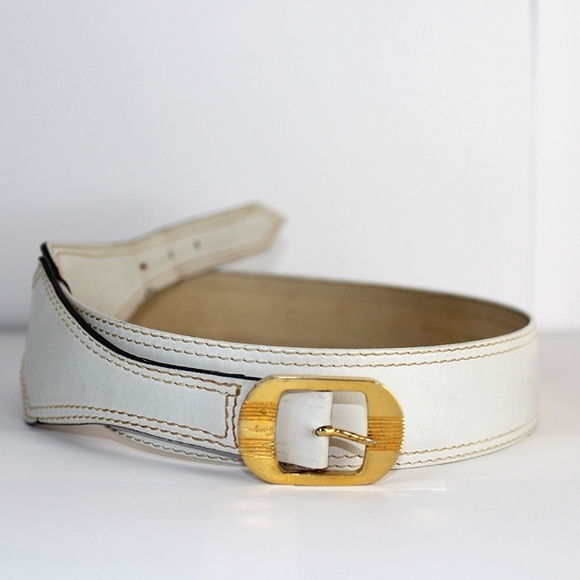 RARE Vintage Salvatore Ferragamo White Western Leather Tip Gold accent Belt SZ S main image 9